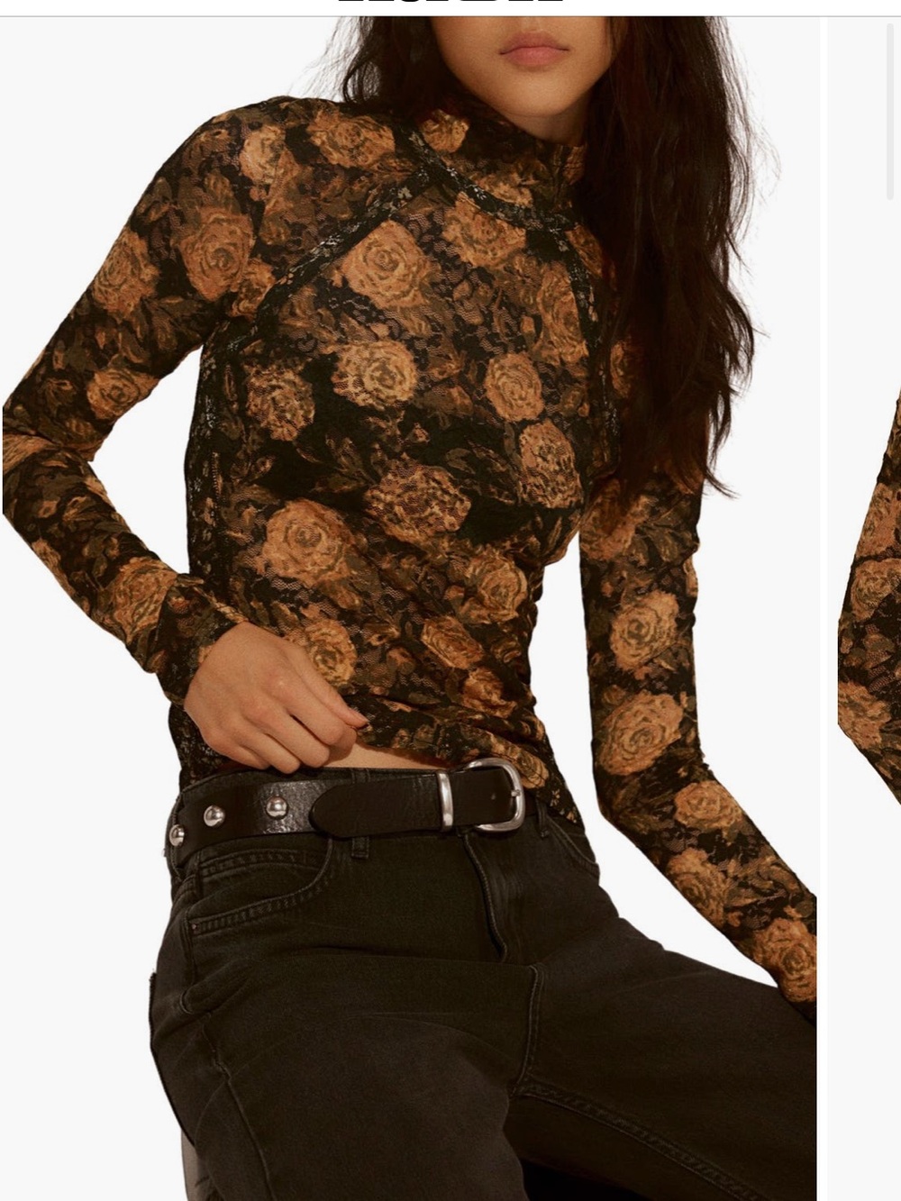 Free People Brown Floral Mesh Long-Sleeve Tee
